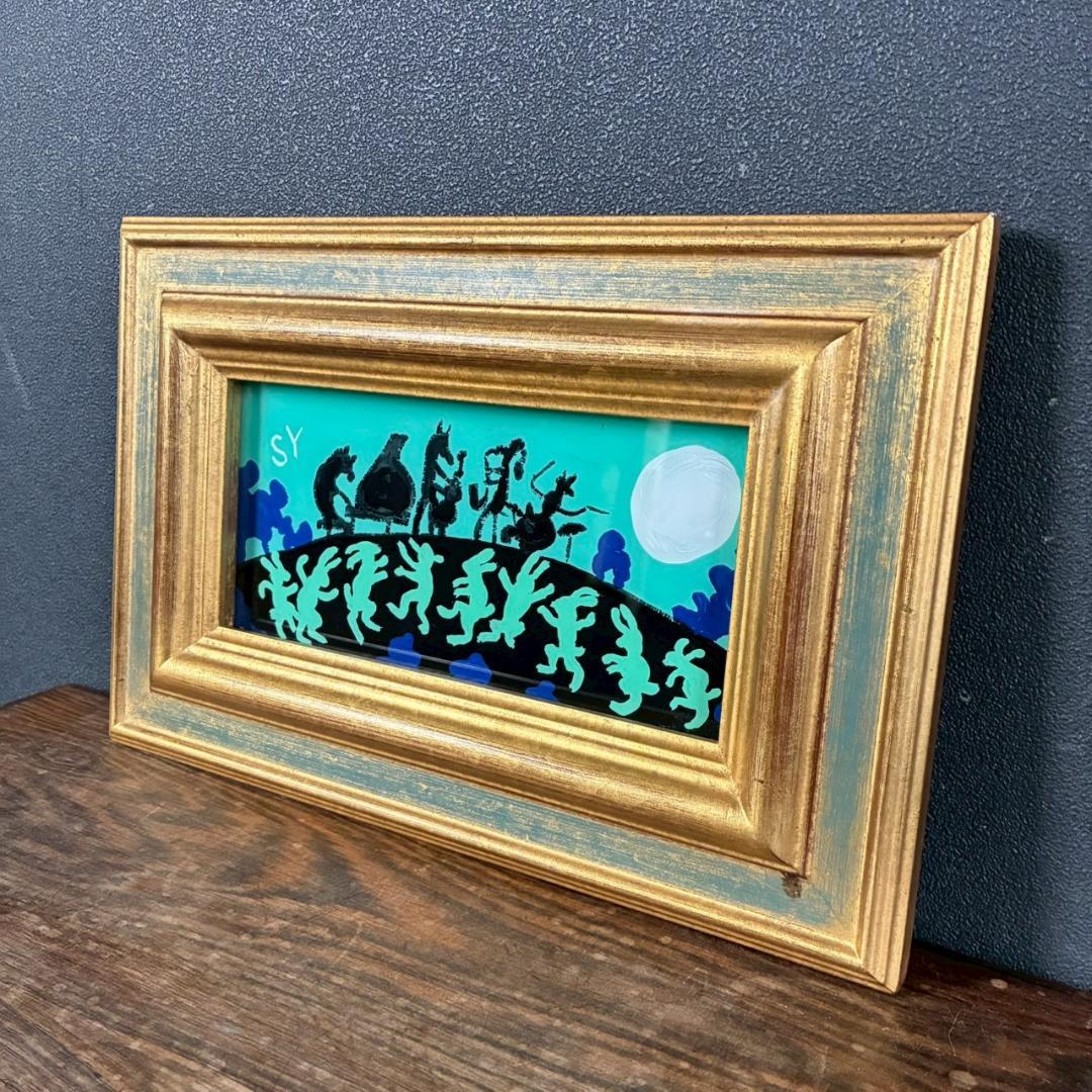 柚木沙弥郎「つきよのおんがくかい」ガラス絵 肉筆 直筆サイン入 共シール 民藝