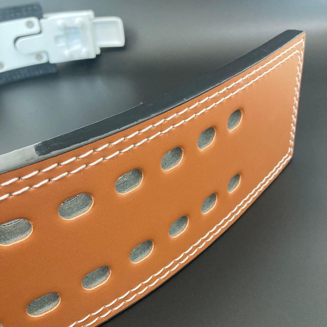 パワーベルト レバーアクション Mサイズ ワンタッチ可変式 本革 茶 バックル白