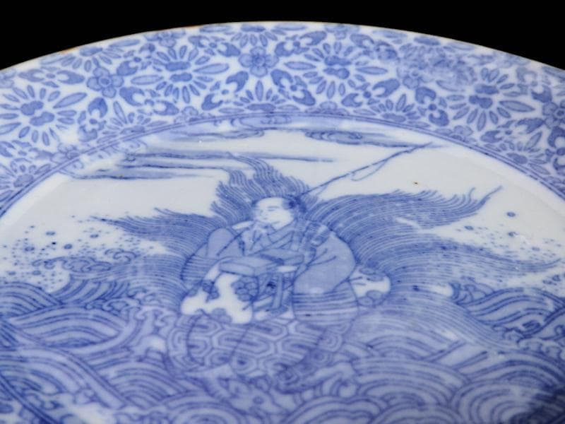 伊万里　染付　型刷印判　浦島太郎の図　６寸皿　S317 AS-fbpp