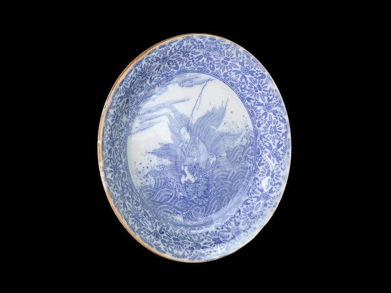 伊万里　染付　型刷印判　浦島太郎の図　６寸皿　S317 AS-fbpp