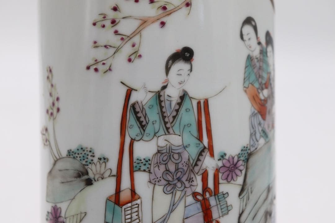 岐No28 中国　清時代　粉彩美女図筆筒　帽筒① 同治年製　送料込み0503