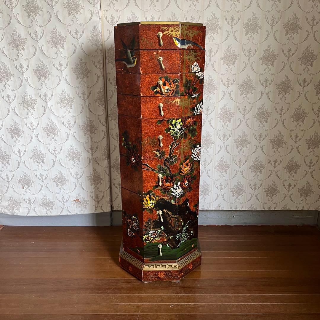 【アンティーク】中国家具 宝石棚 花鳥画 箪笥 チェスト 8杯 飾り棚 古家具