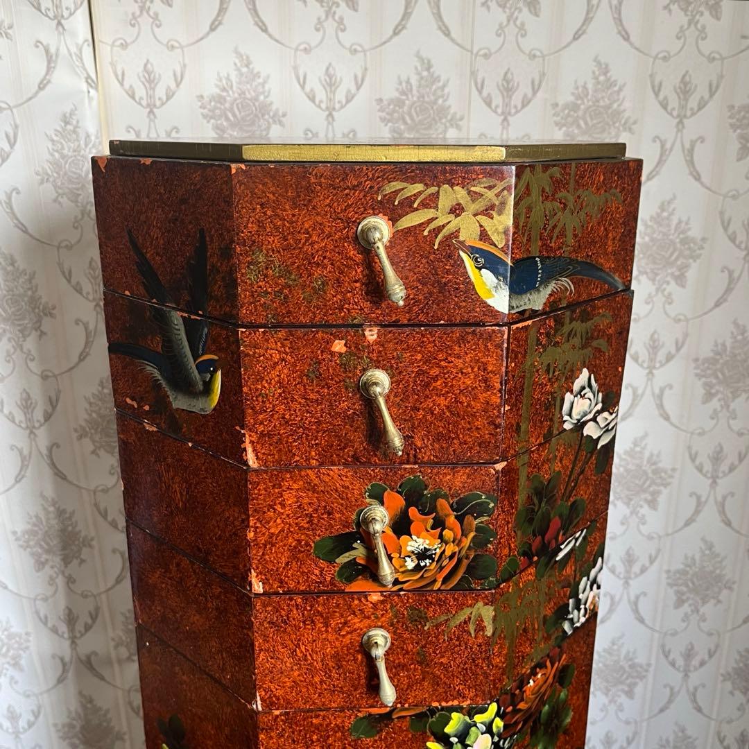 【アンティーク】中国家具 宝石棚 花鳥画 箪笥 チェスト 8杯 飾り棚 古家具