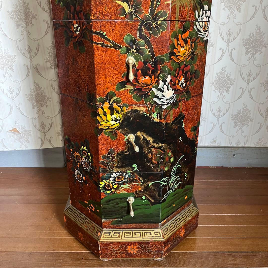 【アンティーク】中国家具 宝石棚 花鳥画 箪笥 チェスト 8杯 飾り棚 古家具