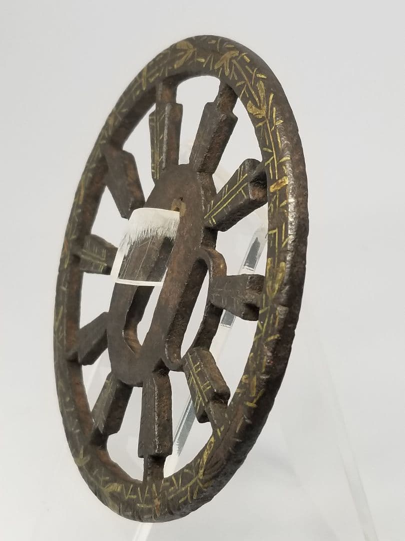 ハ*ル様 矢車透鐔 平安城象嵌 大鐔 9センチ 箱付 刀装具 刀剣