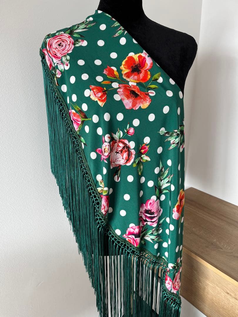 フラメンコ　マントンシージョ　グリーンx花柄水玉　グリーンフレコ