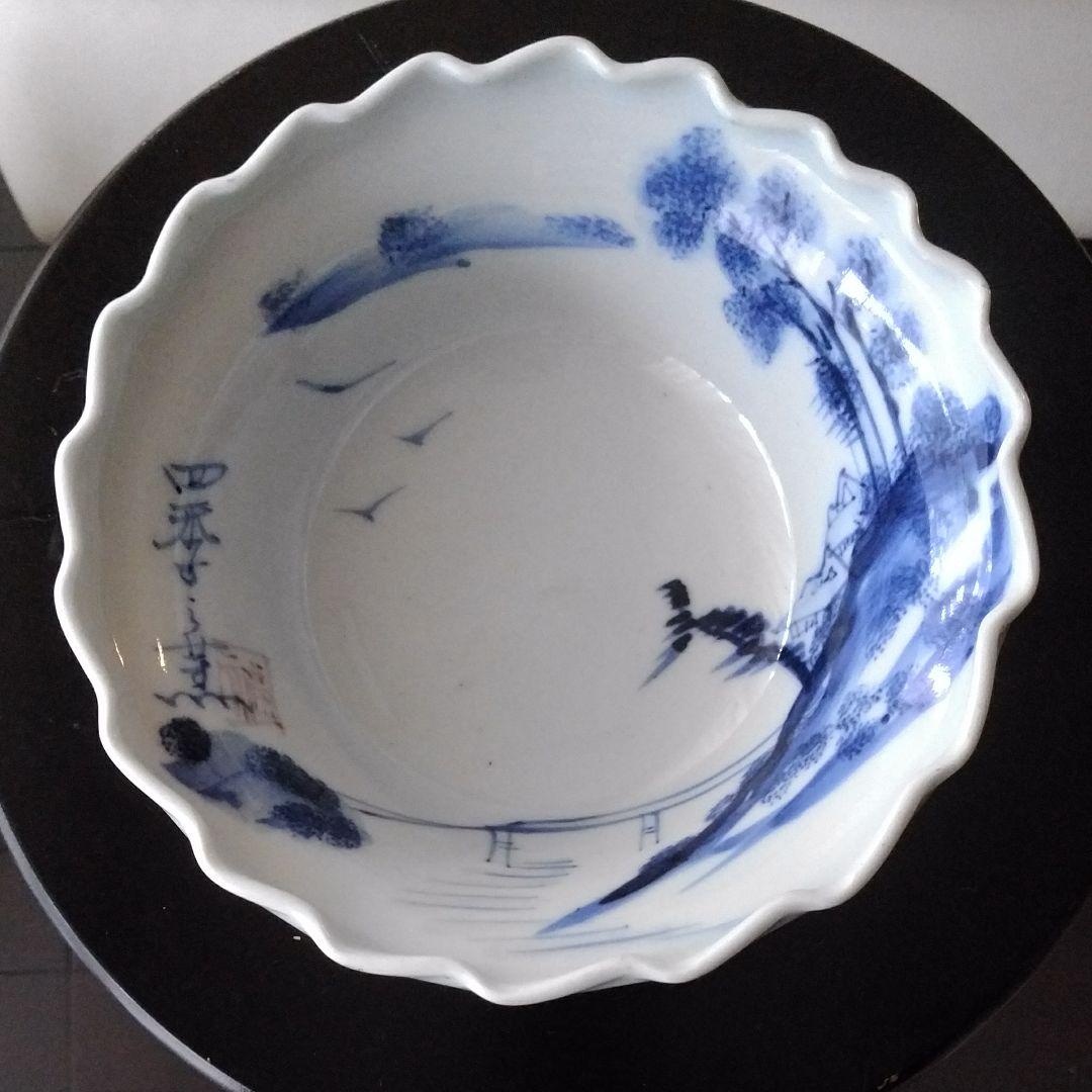 入江松桟橋図染付輪花深鉢　四季の薫