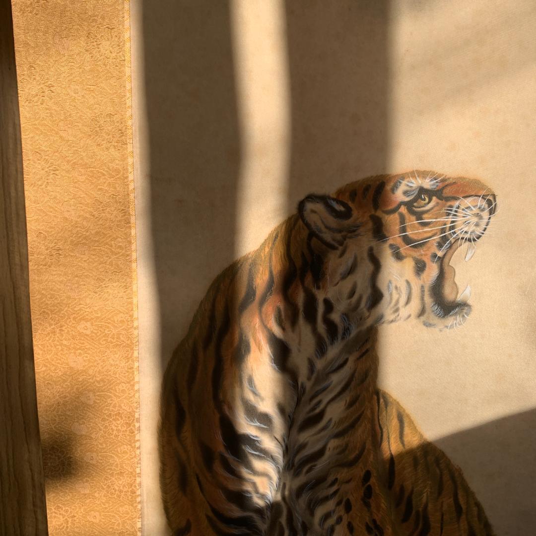 掛け軸　虎図絹本 共箱 福山一成 田村耕一に師事『猛虎図』