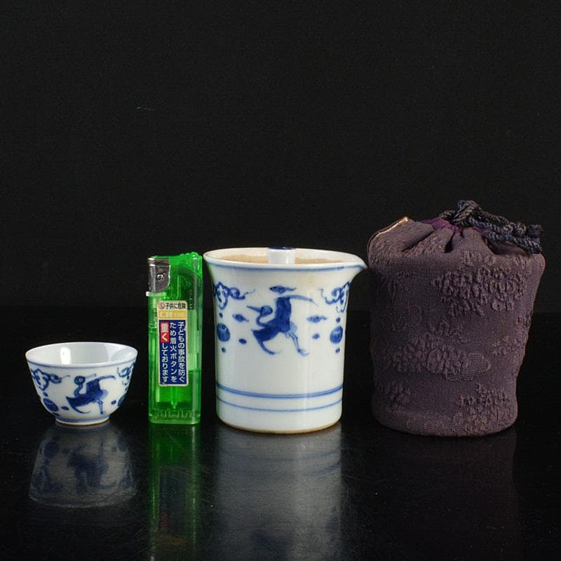 煎茶道具　京焼　平安春峰作　染付雲鶴文　煎茶器　宝瓶　煎茶碗四客　M　R6805