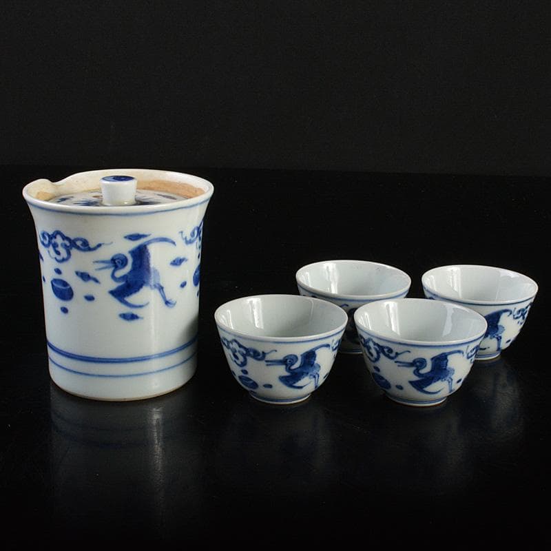 煎茶道具　京焼　平安春峰作　染付雲鶴文　煎茶器　宝瓶　煎茶碗四客　M　R6805