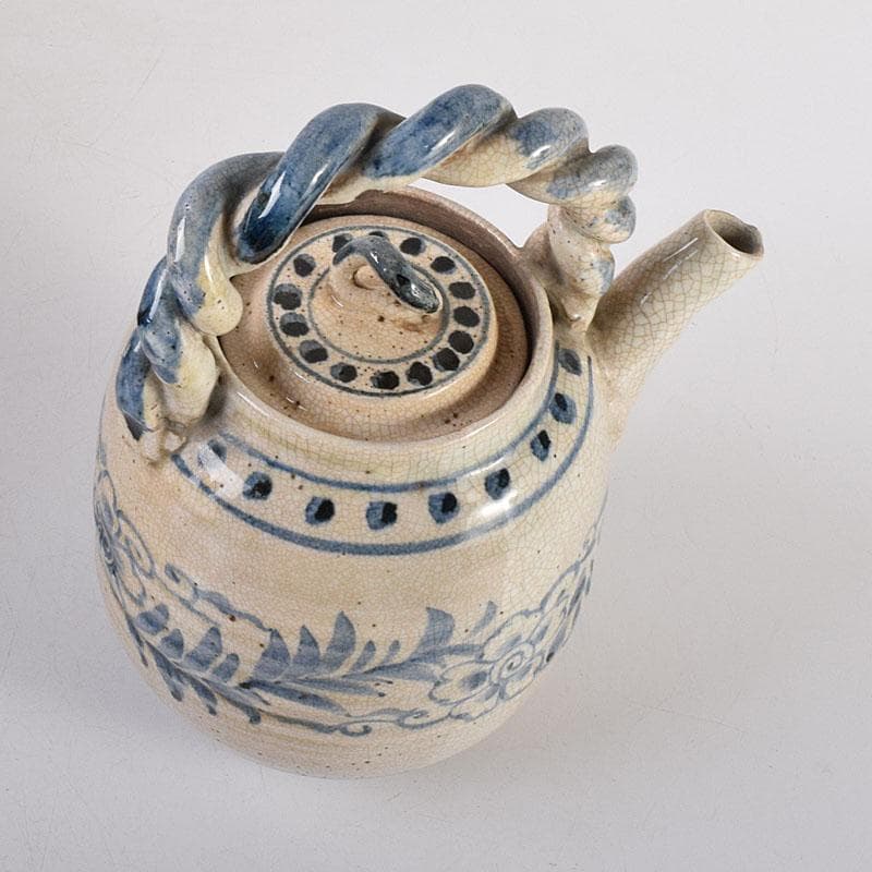 煎茶道具　益子焼　染付花文　大きめ急須　茶壷　時代箱　C　R8055C