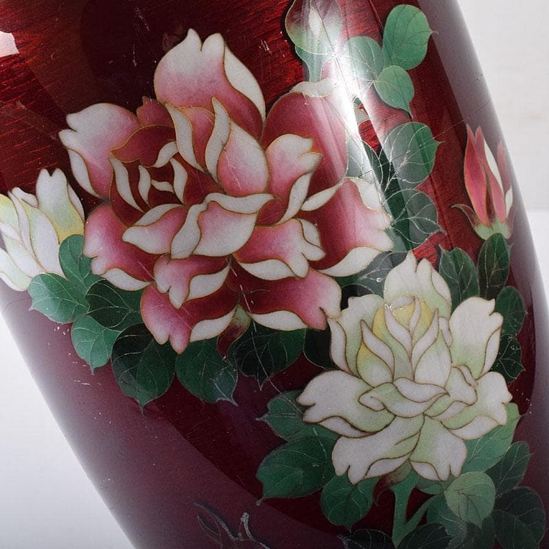 七宝焼　安藤七宝店造　赤透　薔薇文　花瓶　共箱　7891C
