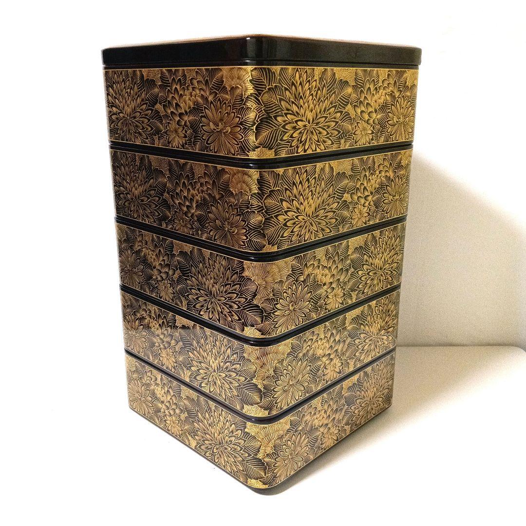 能登輪島塗 前田漆器謹製 極上 総菊詰沈金 五段重箱 蓋二枚 漆塗り天然木 大型