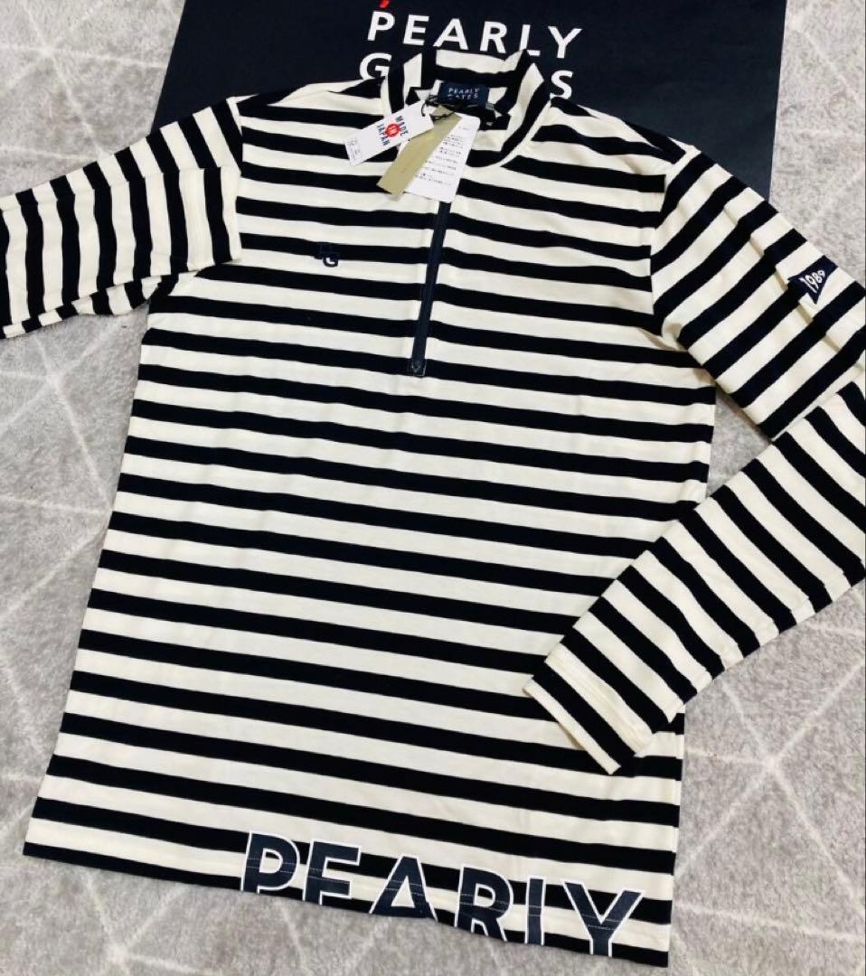 新品 パーリーゲイツ ボーダー プレミアムウォーム 長袖シャツ(5)サイズL/白