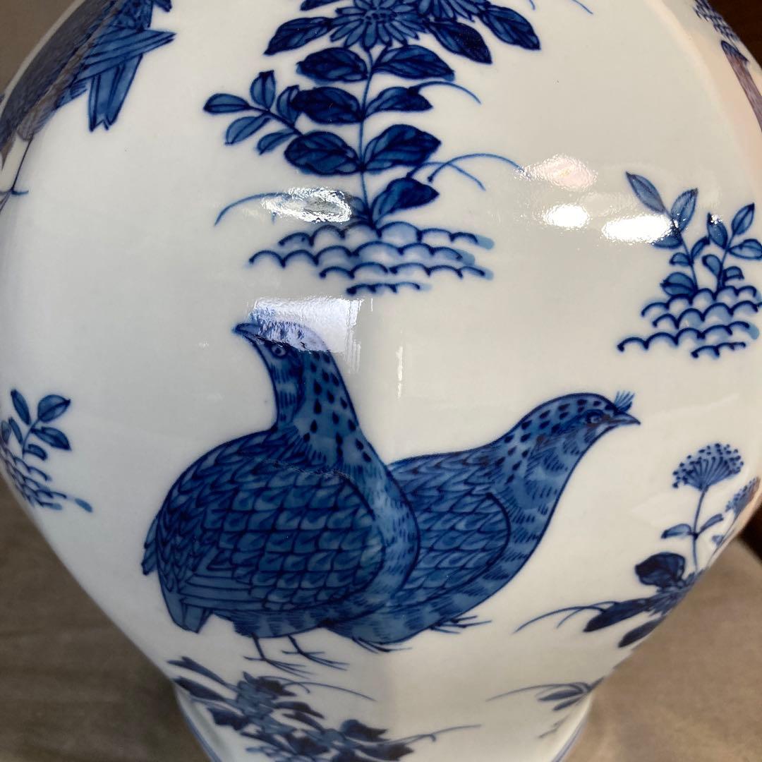 【源右衛門】古伊万里の伝統　日本の名窯　舘林源右衛門作　染付鶉絵　面取瓢形花瓶