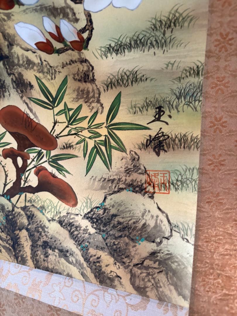 孔雀と花　掛軸　水彩画　日本画