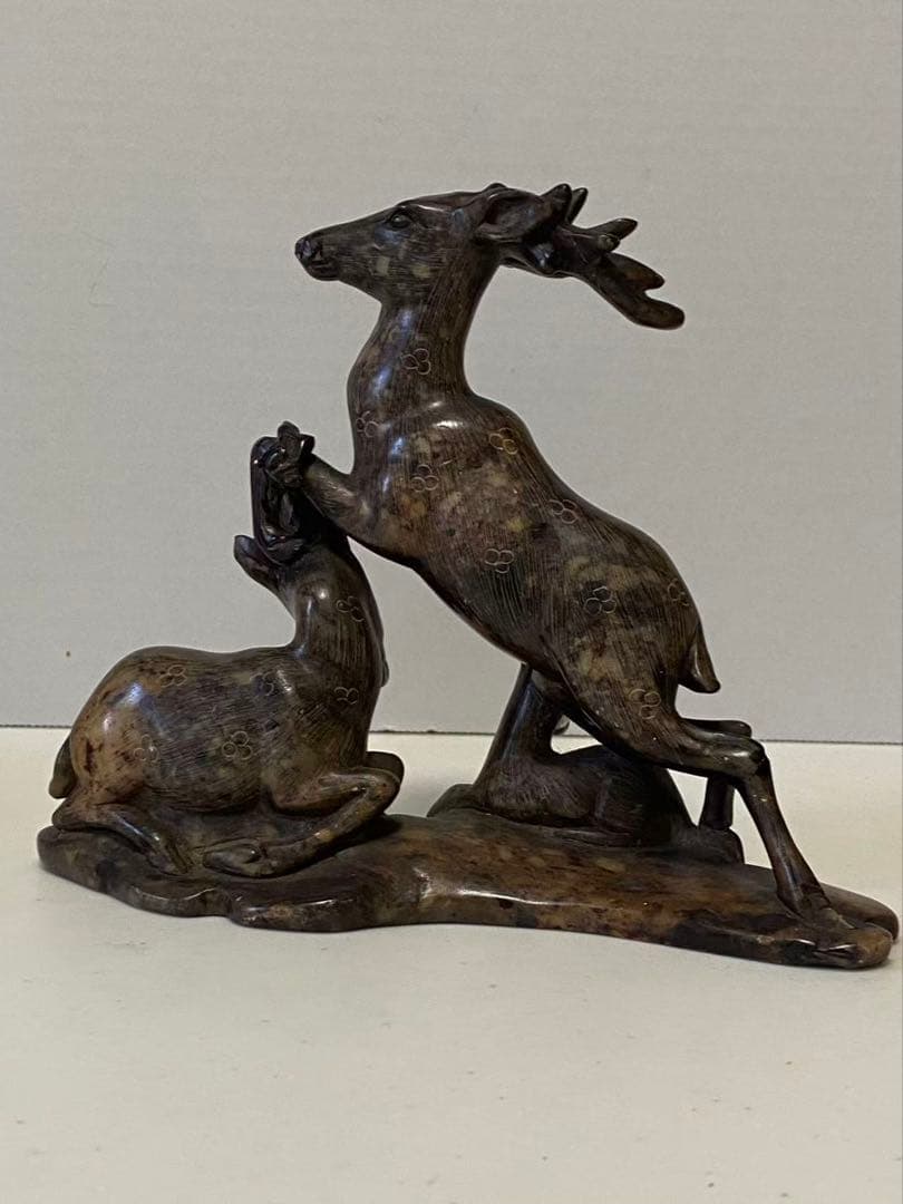 中国美術 希少黄斑石 親子鹿彫刻 置物 年代不明