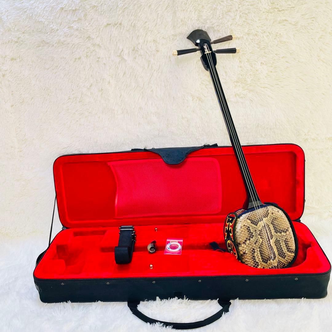 現状品　沖縄三線　蛇皮　ヘビ皮　ケース付き　爪　三味線