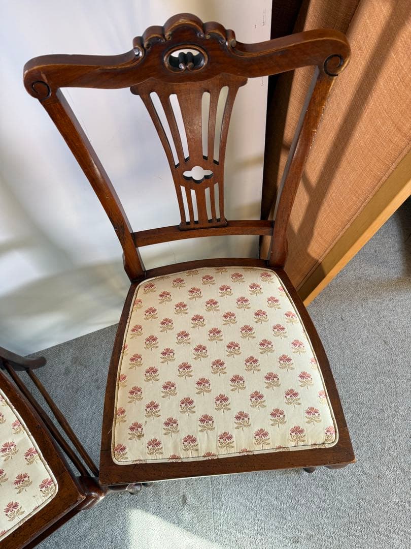 英国製 アンティーク ダイニングチェア 2脚 猫脚 透かし彫 クイーンアン様式