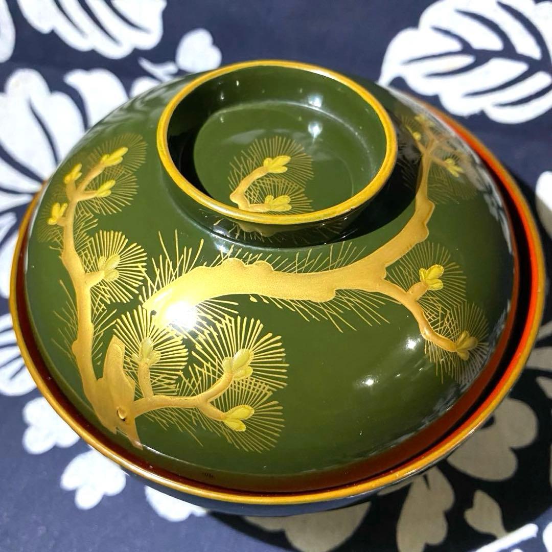 時代物骨董　大正以前　青漆吸物椀　天然木本漆　松柄金蒔絵　緑に内朱　懐石椀　五客