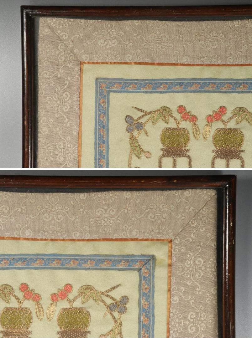【珍】　★ 額装 博古花蝶図繍片 ★　民国時期　刺繍 博古紋 花蝶紋　民間織繍