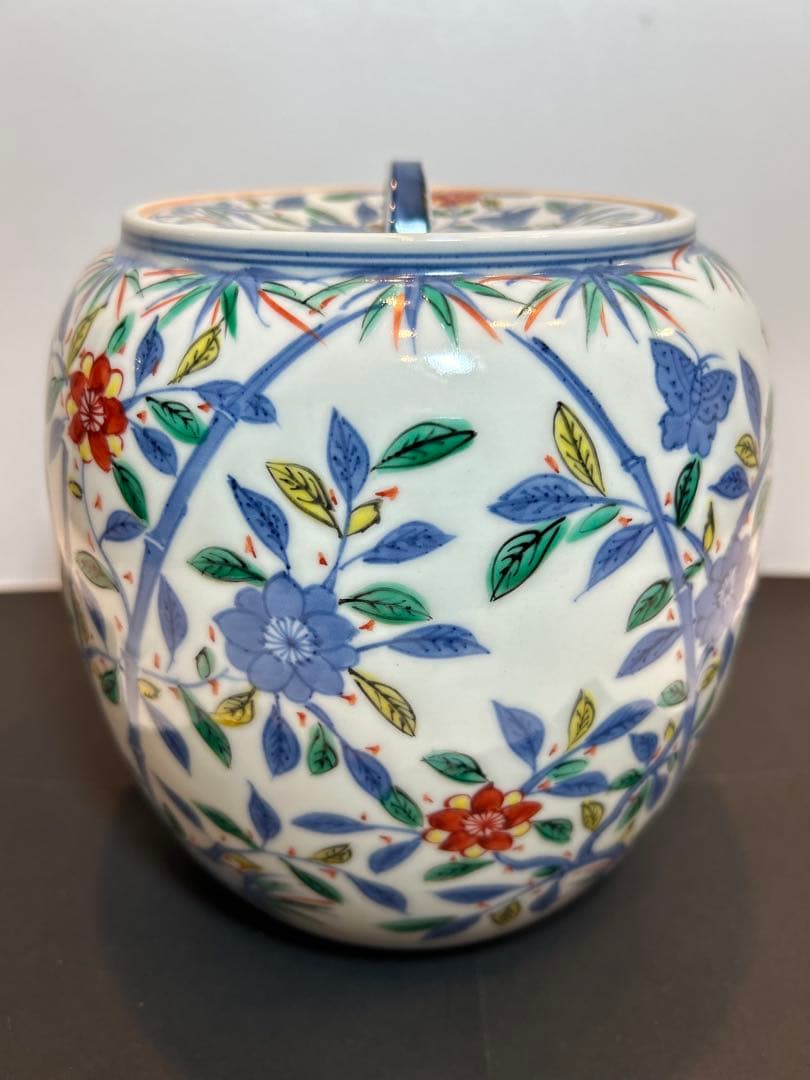 「　叶　松谷　」造　水指　吉葉色絵花鳥　共箱有り　茶道具　清水焼