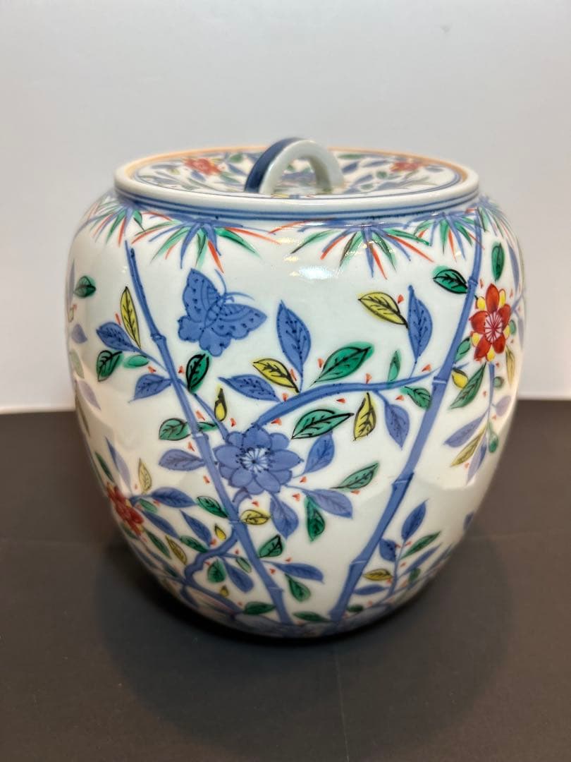 「　叶　松谷　」造　水指　吉葉色絵花鳥　共箱有り　茶道具　清水焼