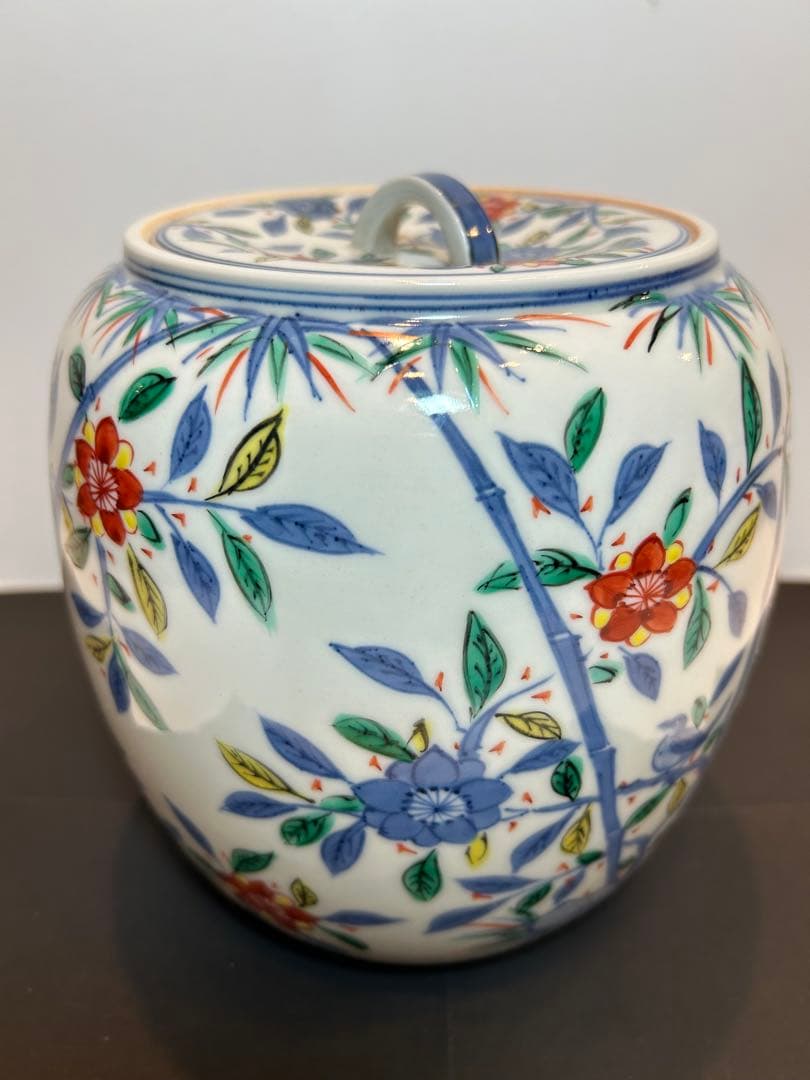 「　叶　松谷　」造　水指　吉葉色絵花鳥　共箱有り　茶道具　清水焼