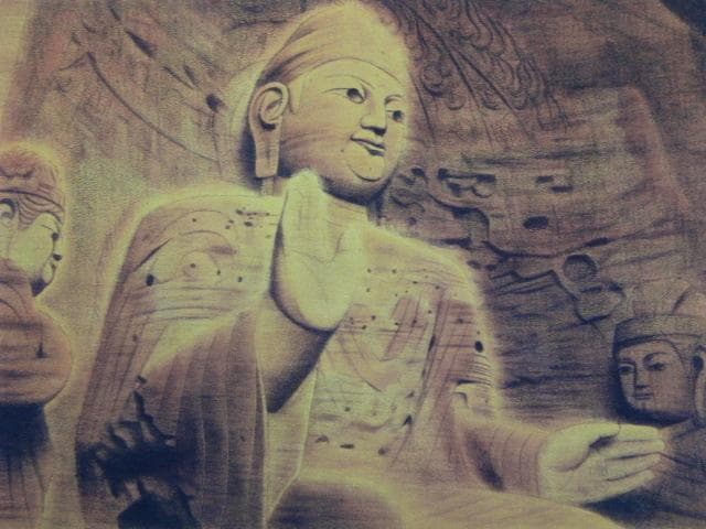 平山郁夫、【雲崗盧遮那仏】、希少画集画より、状態良好、新品高級額装付