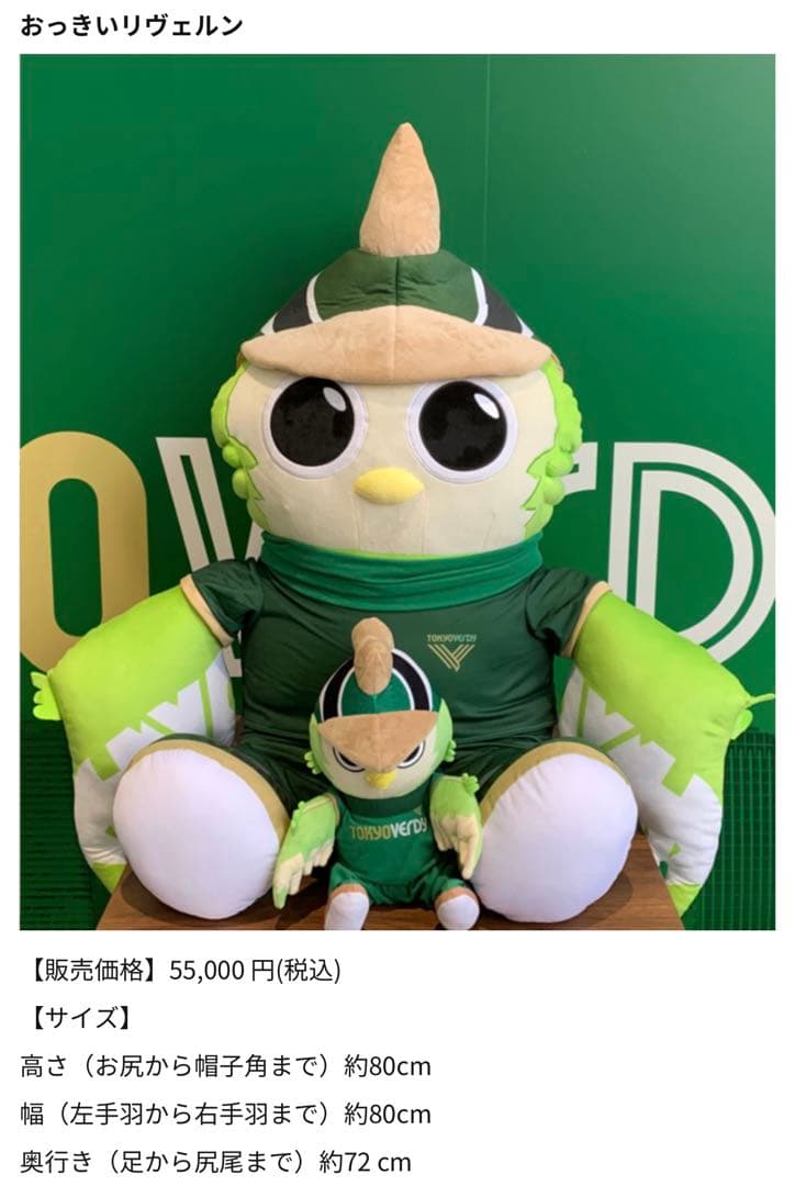 東京ヴェルディ【おっきいリヴェルン】ぬいぐるみ 受注生産品 新品未使用