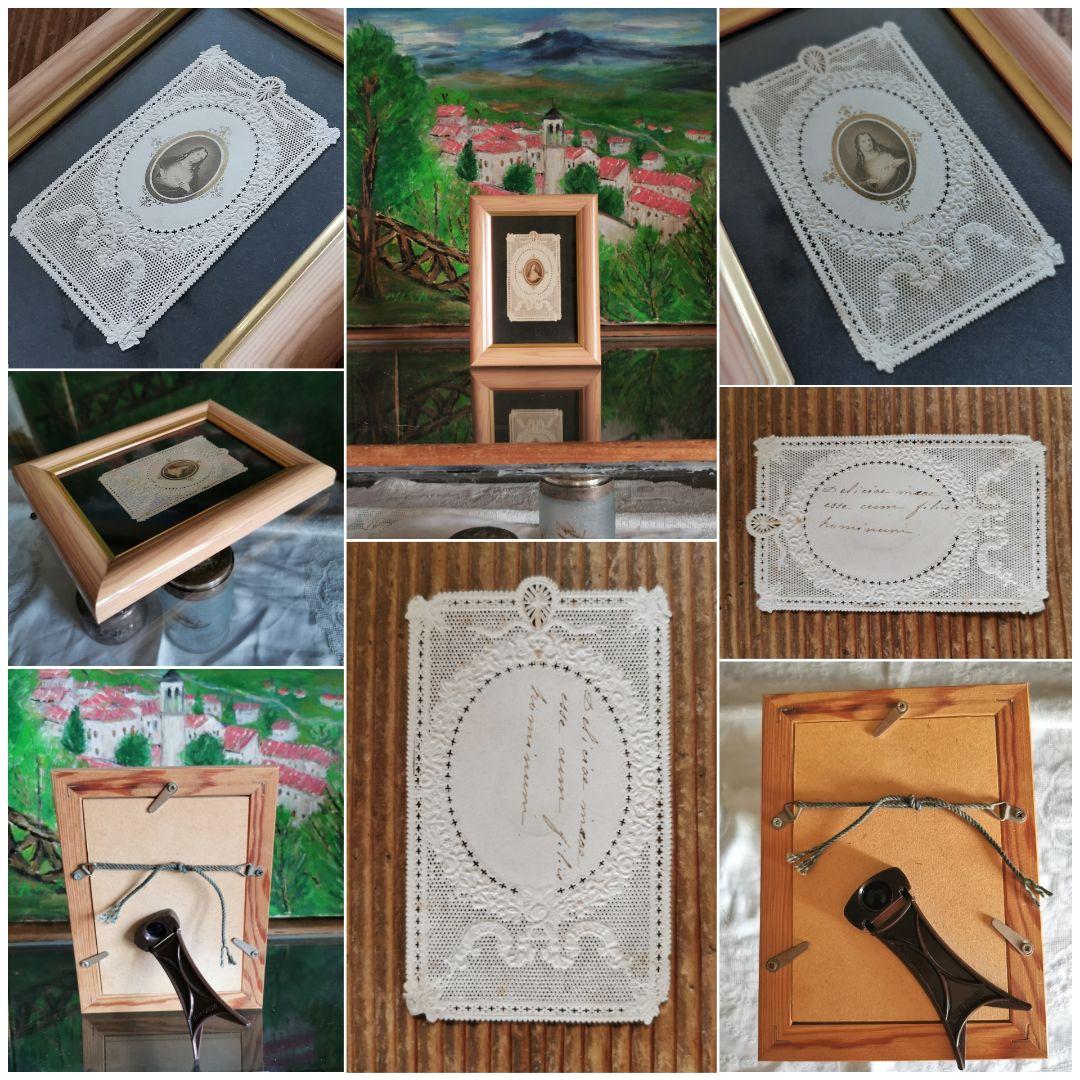 パリアンティーク キリストのレースカニヴェ フレーム額装 薔薇エンボス✟ セピア