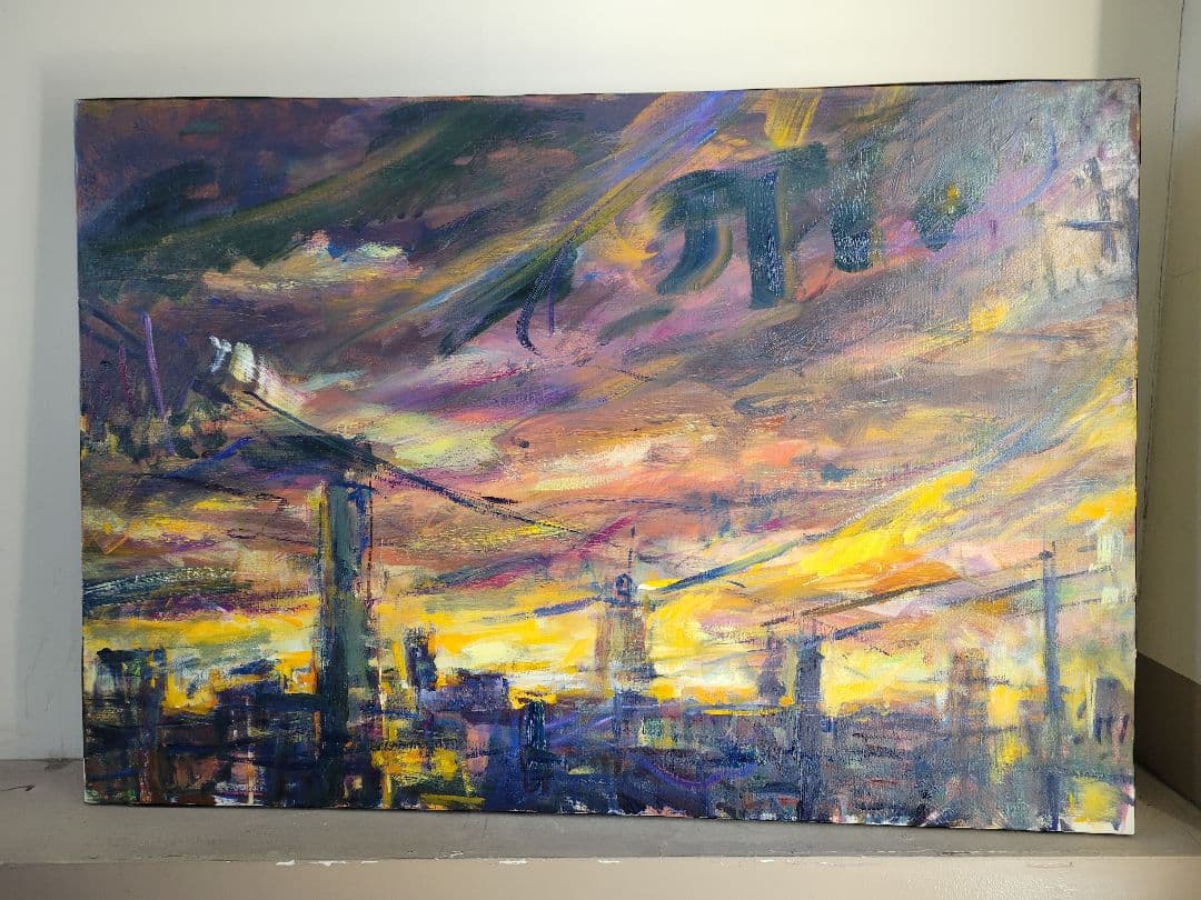 都市夕景 油彩画 大きなキャンバス