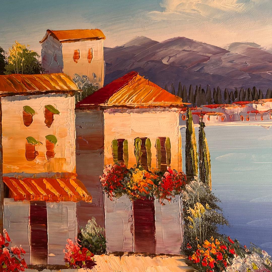 （大型）手書き油絵 地中海の風景 肉筆絵画 インテリア 油彩画