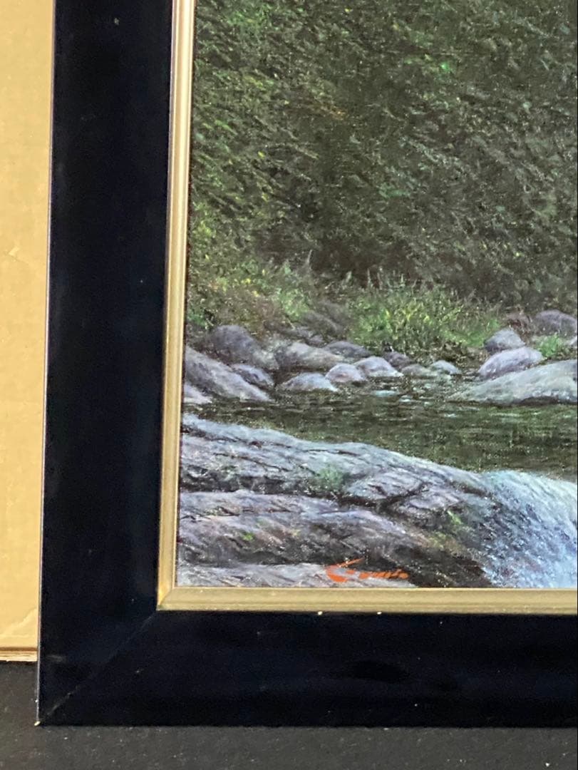 油彩画　板垣文雄　【笛吹川に沿って】　F6号　自然の風景 額縁　額装　山形県