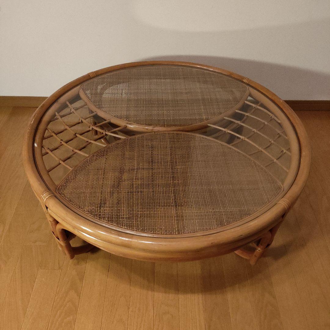 ラタン 藤 ガラス天板 丸テーブル 座卓 レトロ モダン 直径約90cm
