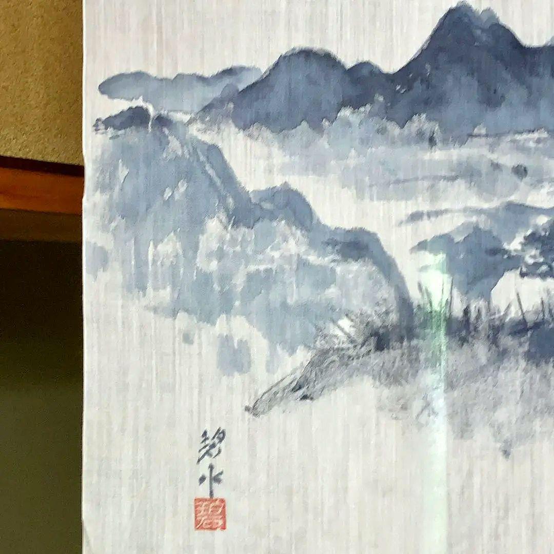暖簾 本麻 藍墨『薩摩富士 開聞岳』水墨画家による肉筆 一点物