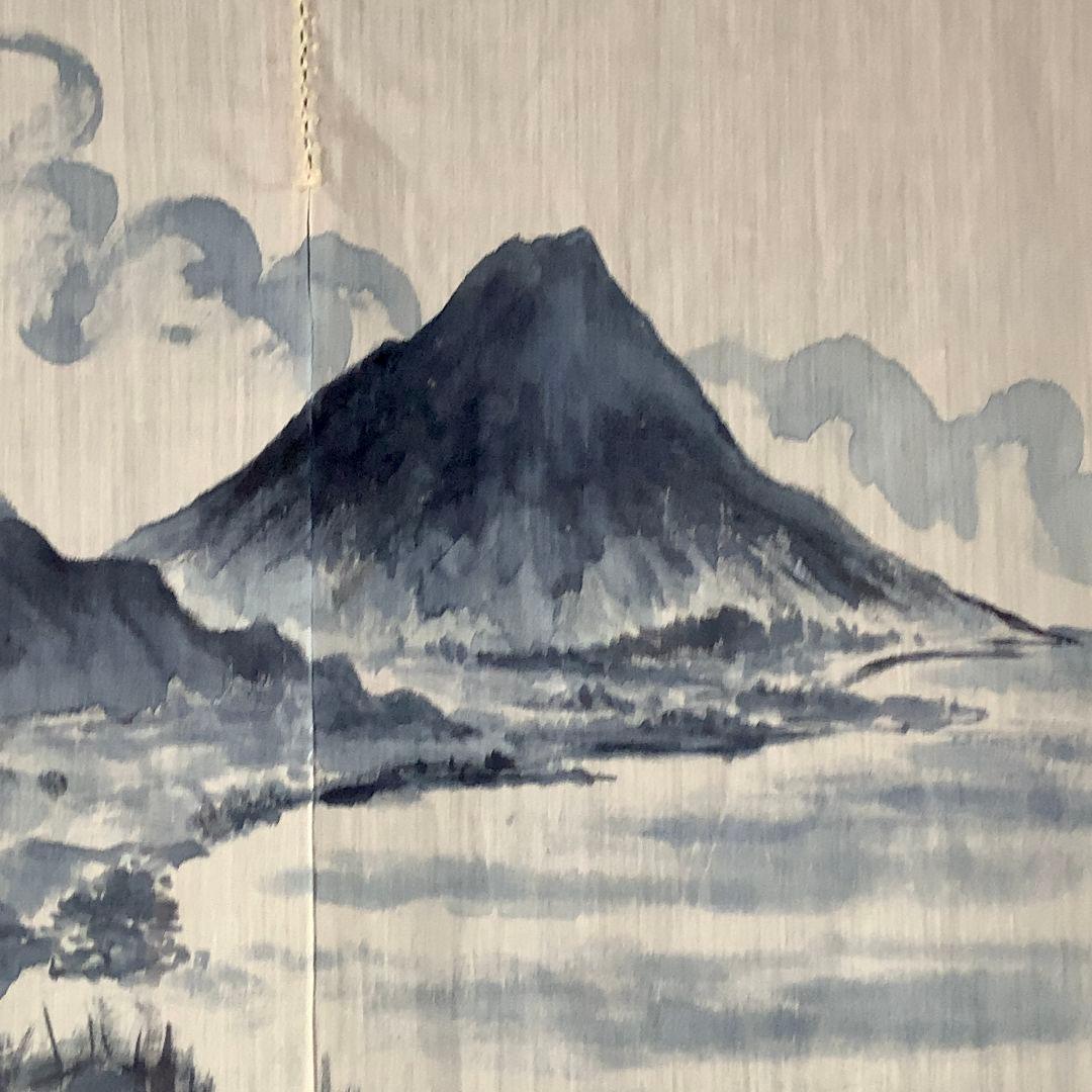 暖簾 本麻 藍墨『薩摩富士 開聞岳』水墨画家による肉筆 一点物