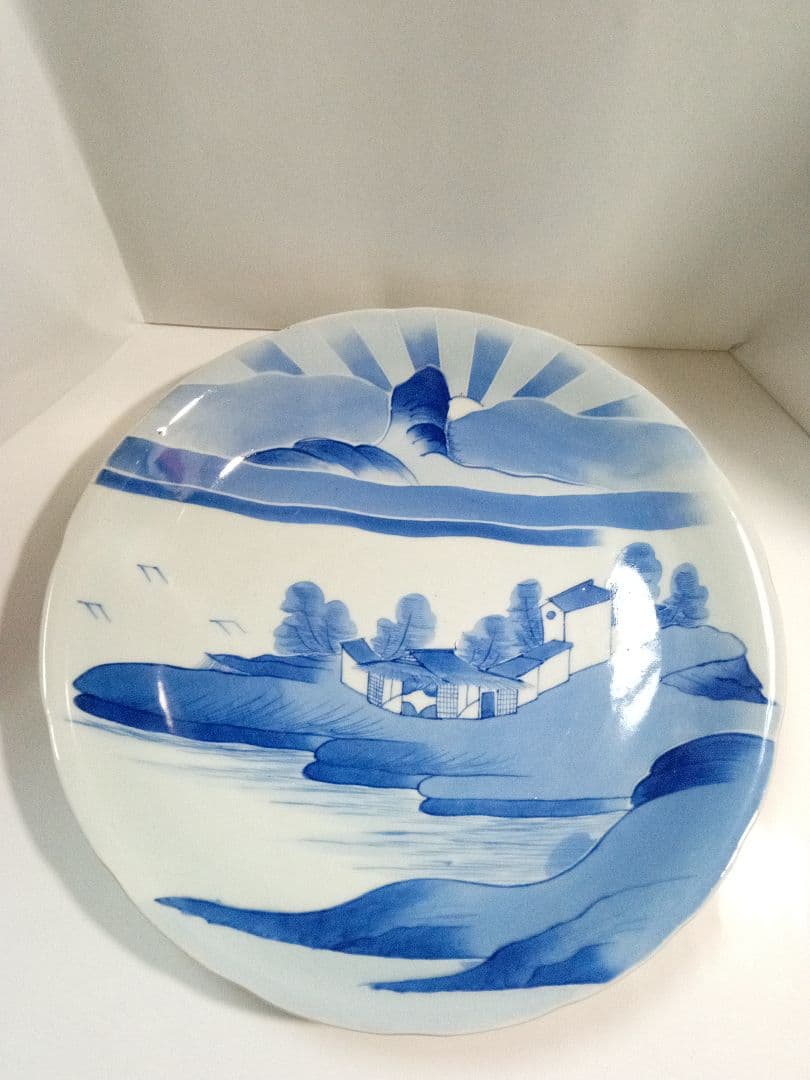古伊万里　大皿　染付　日の出　山水　アンティーク