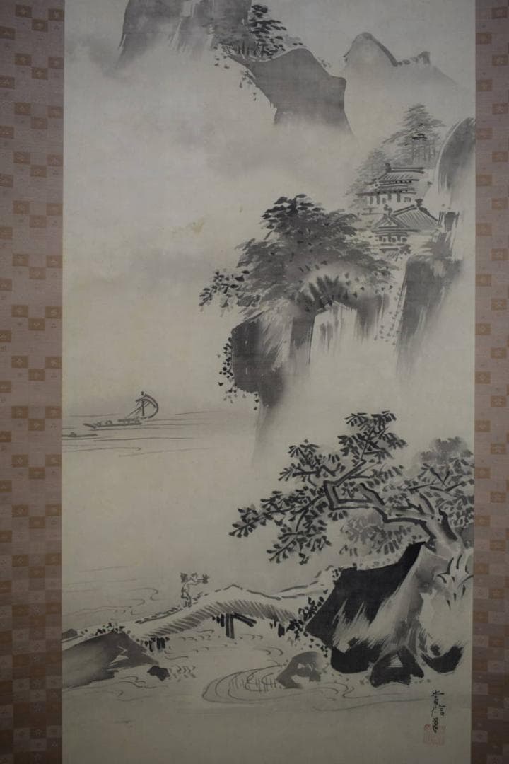 狩野常信/山水楼閣人物図/布袋屋掛軸HJ-199