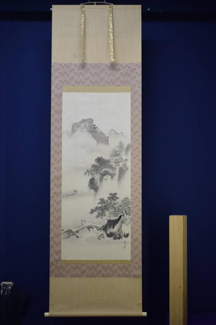 狩野常信/山水楼閣人物図/布袋屋掛軸HJ-199