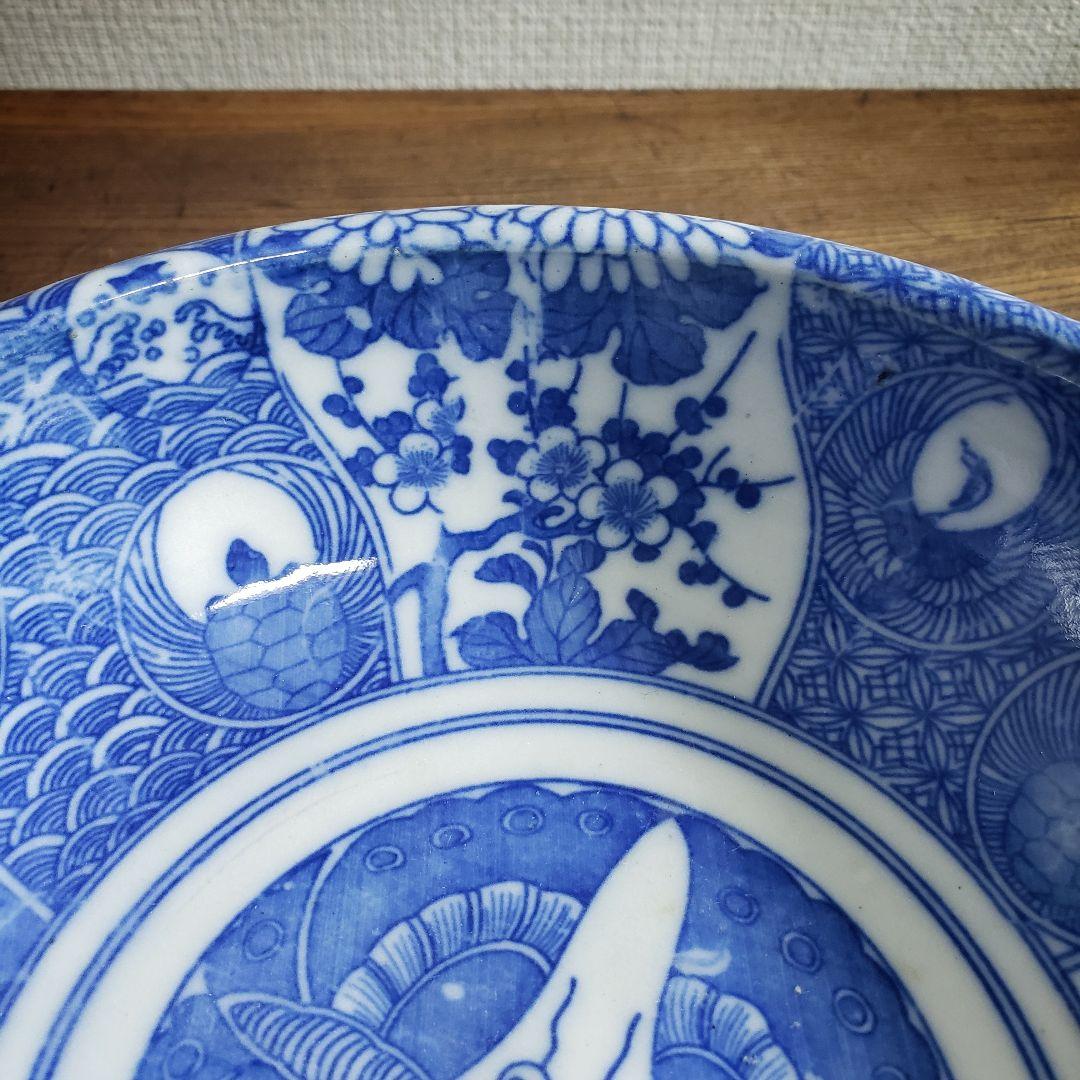 明治・大正期 印判 染付 蝶文 大鉢 径17cm 時代物 古伊万里 骨董
