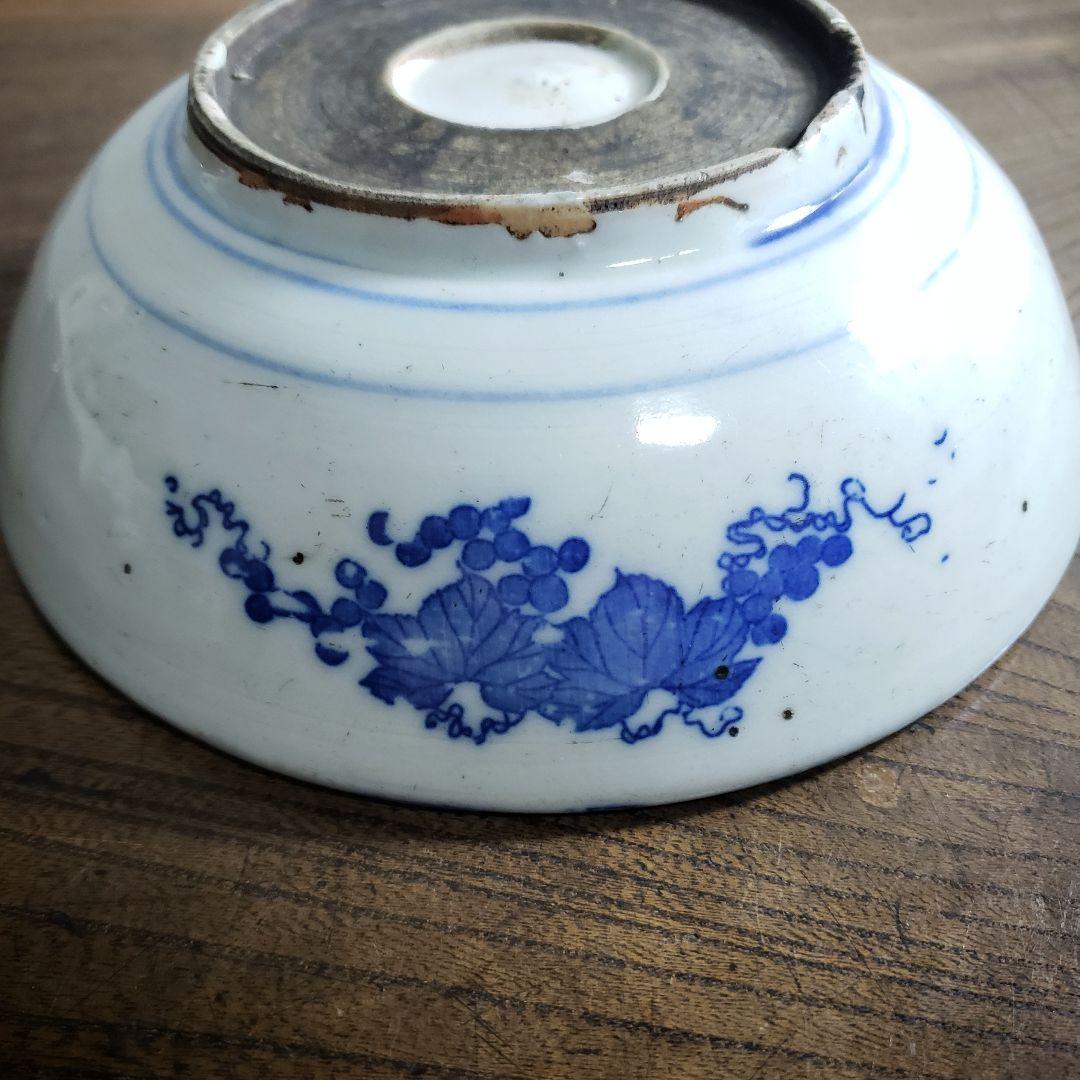 明治・大正期 印判 染付 蝶文 大鉢 径17cm 時代物 古伊万里 骨董