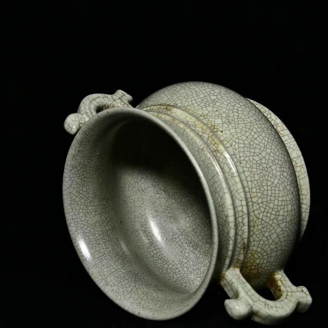 中国古美術・旧蔵の陶磁器双耳炉・12x25・茶道具・案頭・置物・文房具・香道具