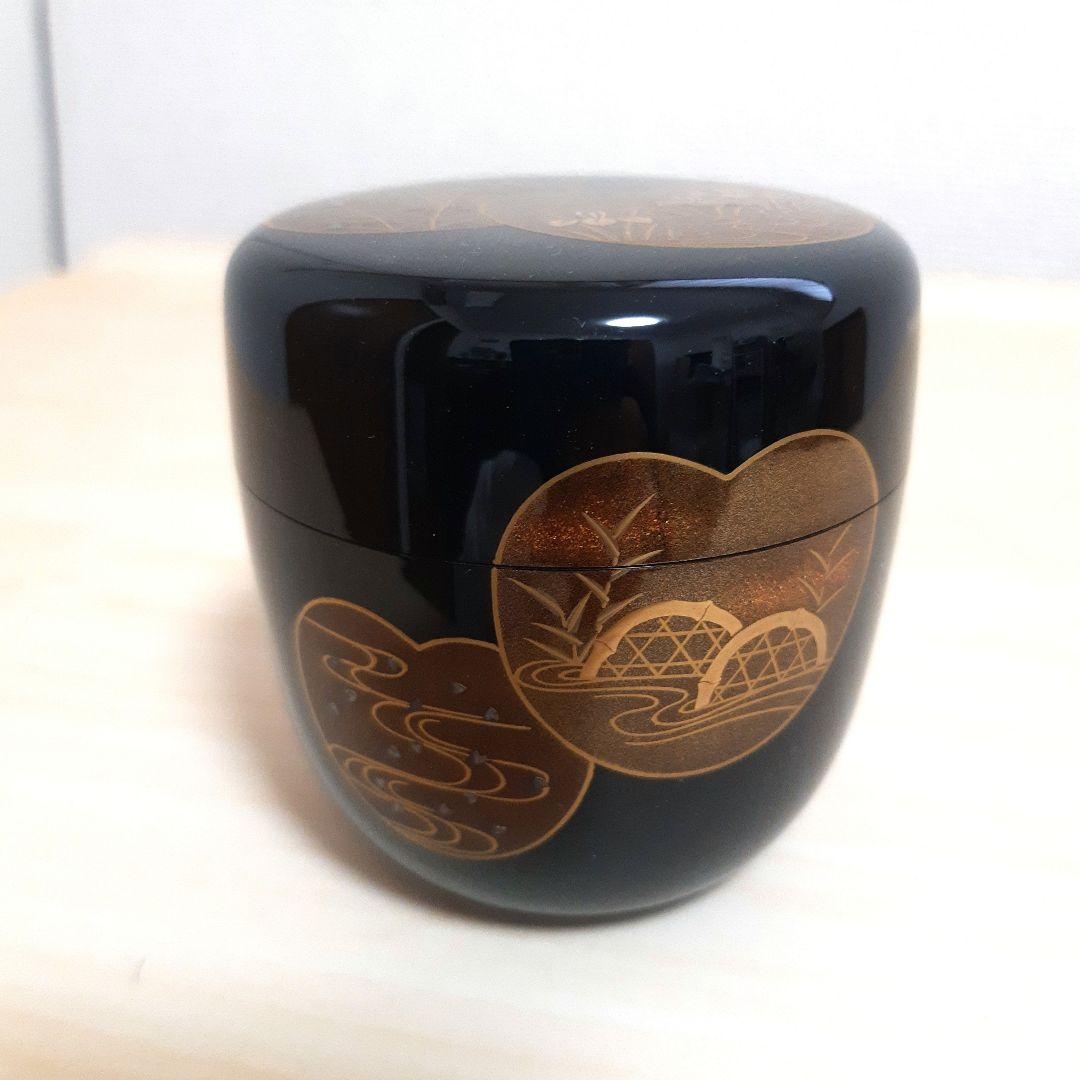 ◆大棗 ◆団扇蒔絵◆竹内幸斎作◆新品◆金箔、螺鈿装飾の黒漆棗 木箱付き