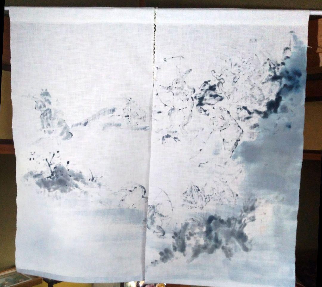 暖簾『鳥獣戯画 弓 腕比べ』水墨画家による肉筆 一点物
