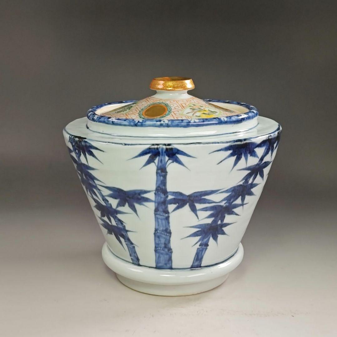 ウ204 水指『景徳鎮　王懐英』『染付竹絵　水指　共箱』茶道具