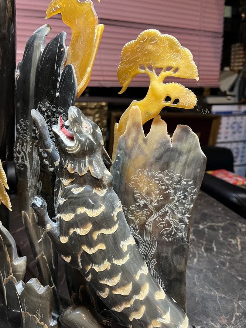 中国芸術、中国彫刻、水牛のツノ彫刻 鷹と虎の水牛のツノ彫刻、中国美術 貴重美術