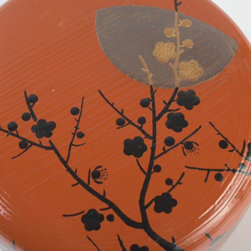 茶道具　山中塗　道場宗廣作　朱刷毛目　梅月蒔絵　大棗　共箱　V　9836