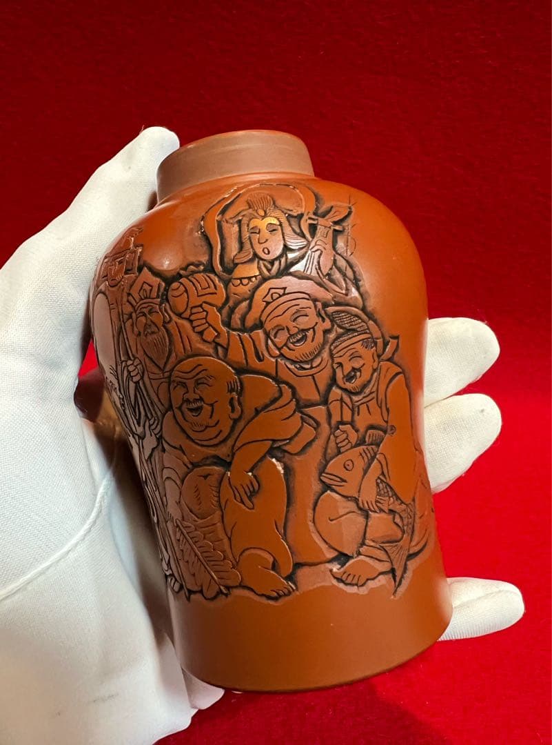 常滑焼 名工 梅原玉堂 朱泥 七福神茶入 茶道具