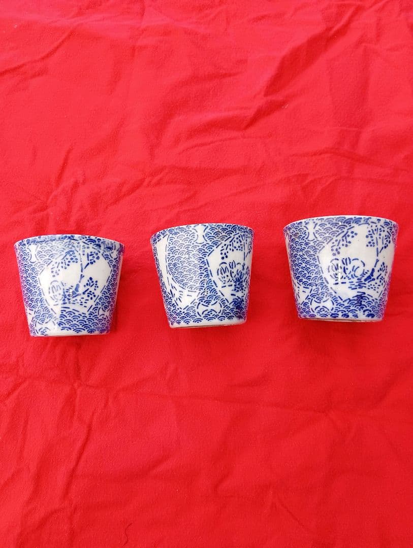 蕎麦猪口 長沼焼　3個　江戸　幕末　明治　印判　型紙刷　染め型紙　兎